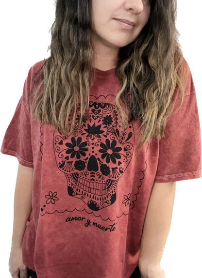 Red Skull Tie-Dye "Amor y Muerte" Graphic Tee.